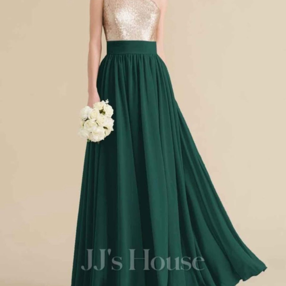 Green & Gold Pleated One-Shoulder Formal Gown